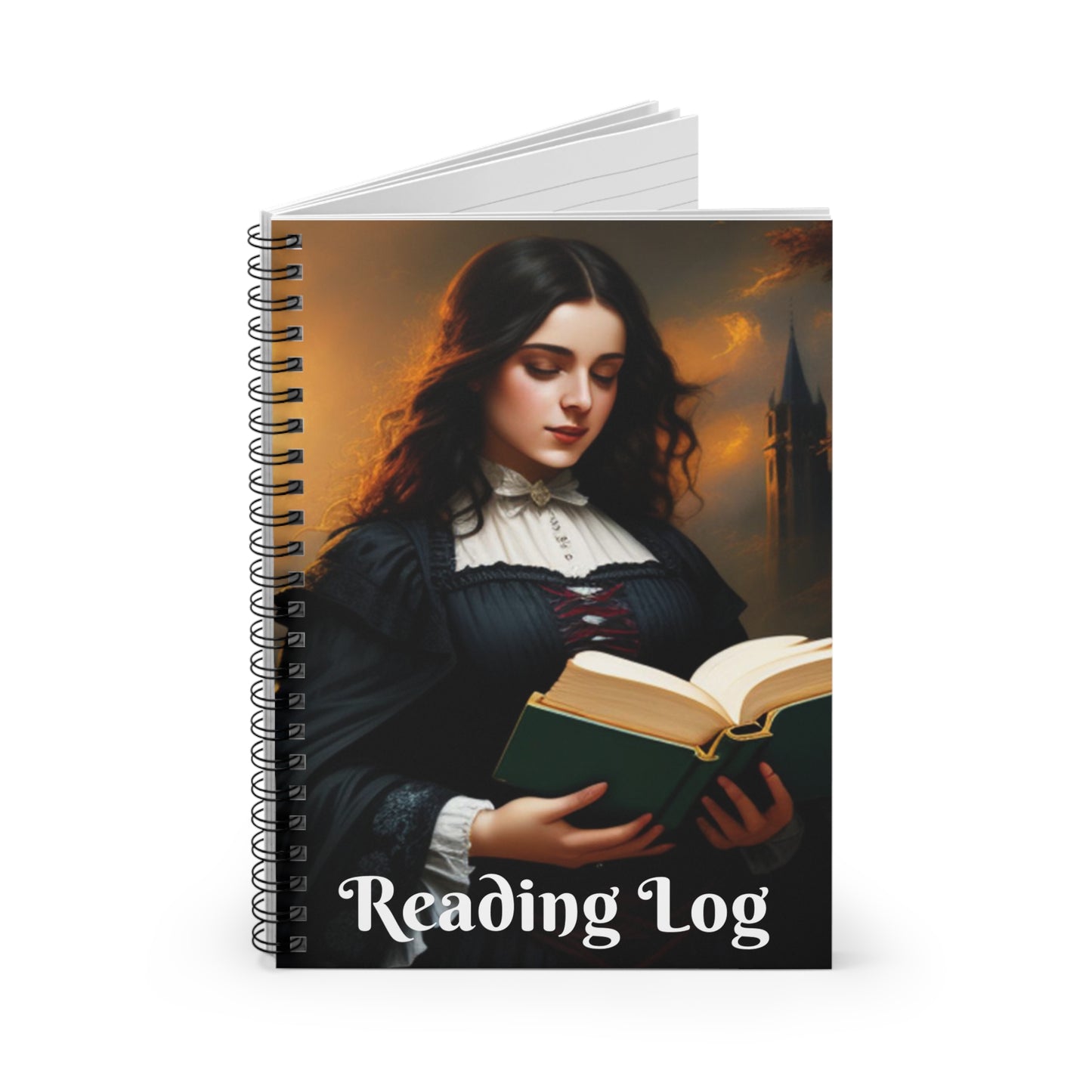 Victorian Gothic Reading Journal, Colorful, Dark Spiral Notebook - Ruled Line, Victorian Woman Reading Log