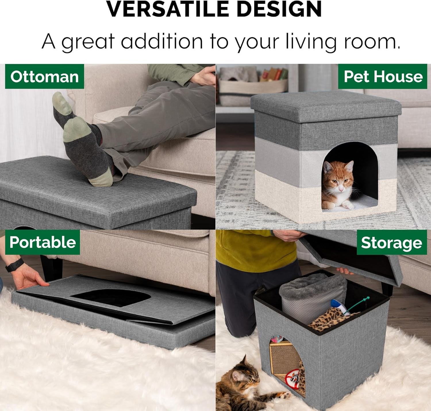 Pet House for Indoor Cats & Small Dogs, Collapsible & Foldable W/ Plush Ball Toy - Living Room Footstool Cat Condo - Hygge Stripe (Gray/Cream), Small