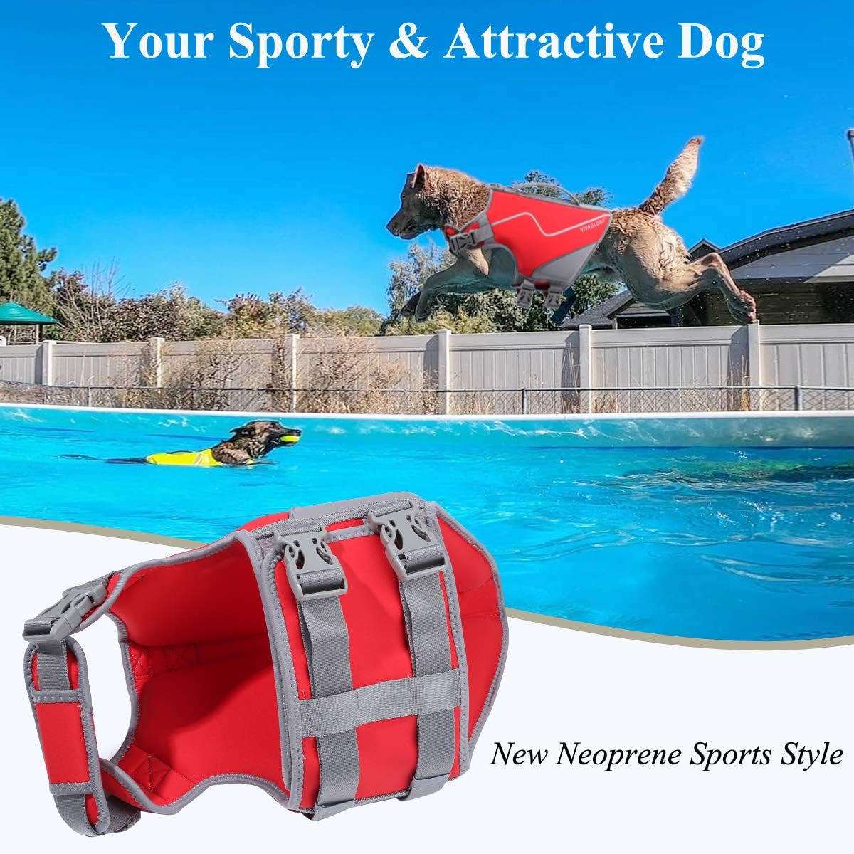 Life Jacket for Dogs of Sports Style, Water Vest Jacket for Dog, Heavy Duty Pet Safety Vest, Comfortable Neoprene Lifejackets with Hook & Loop Closure, Red, Medium