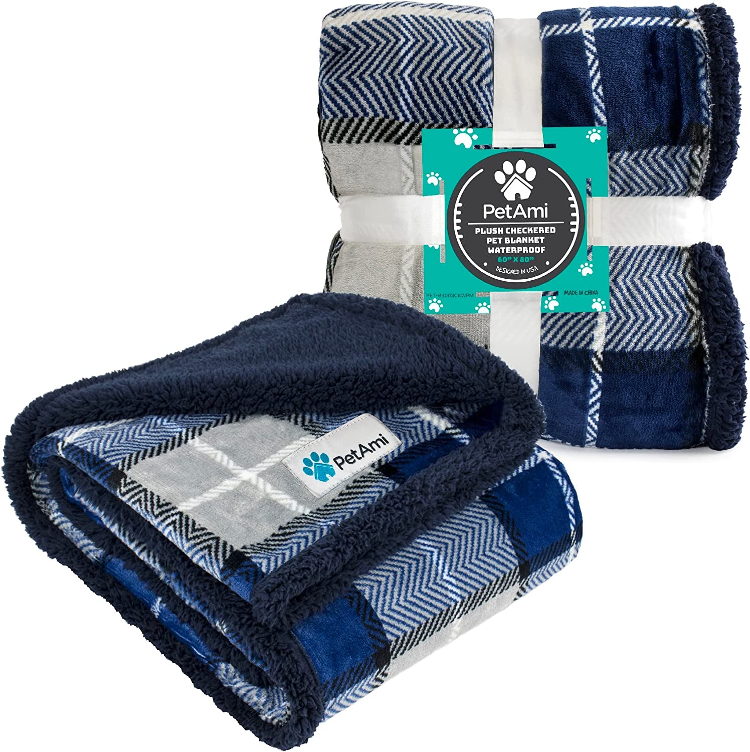 Dog Blanket for Medium Large Dogs, Pet Bed Blanket Cat Puppy Kitten, Fleece Furniture Couch Cover Protector Sofa Car, Soft Sherpa Dog Throw Plush Reversible Washable, 40X60 Plaid Navy Blue