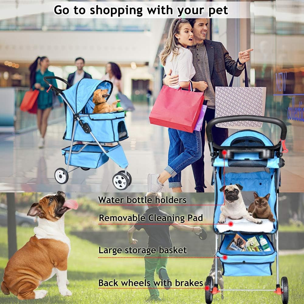 Pet Stroller Jogger Cat Dog Cage 3 Wheels Stroller Travel Folding Carrier Strolling Cart with Cup Holders and Removable Liner 35Lbs Capacity Large Doggie Stroller for Small-Medium Dogs, Cat Blue