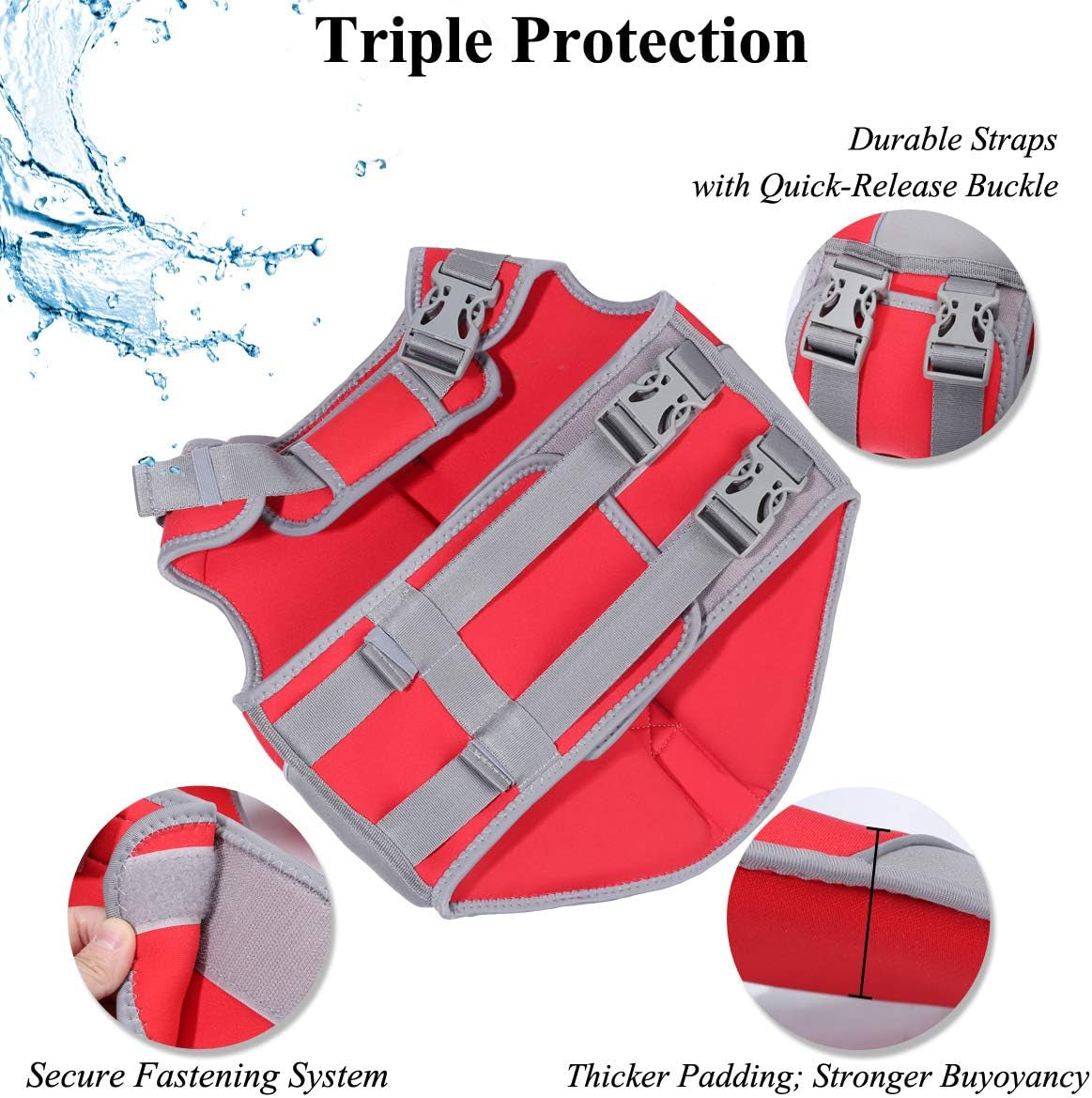 Life Jacket for Dogs of Sports Style, Water Vest Jacket for Dog, Heavy Duty Pet Safety Vest, Comfortable Neoprene Lifejackets with Hook & Loop Closure, Red, Medium