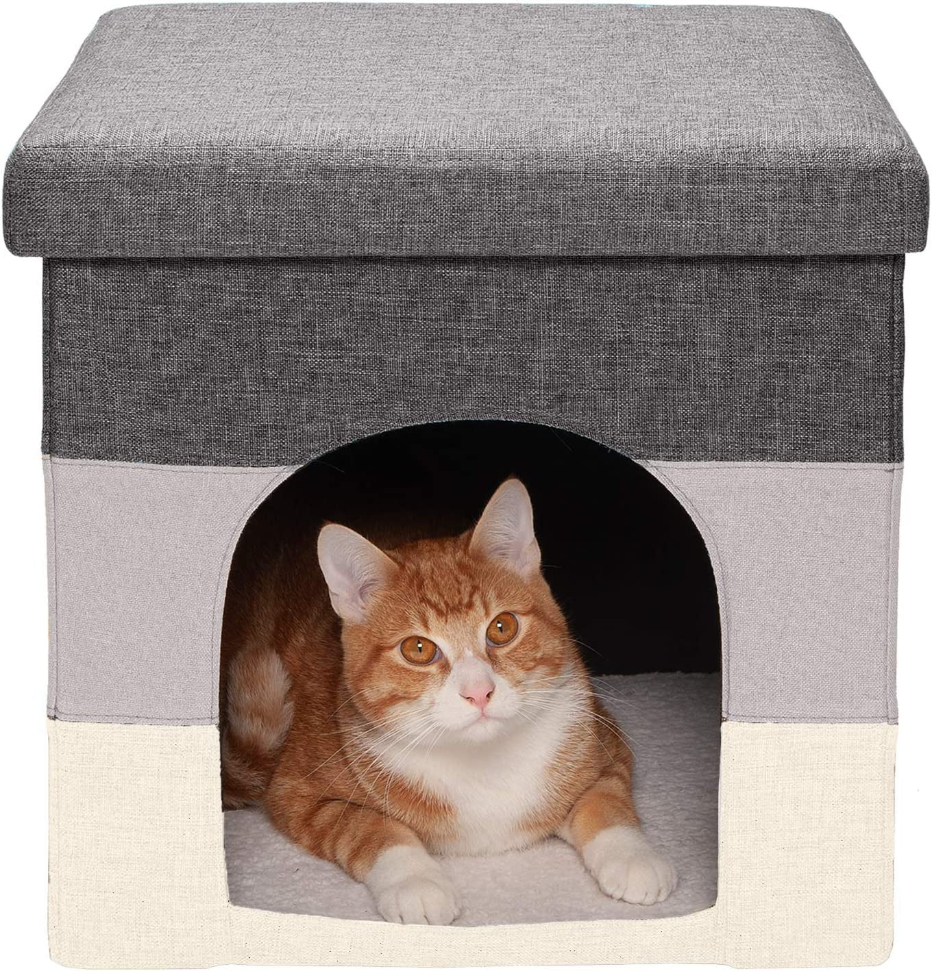 Pet House for Indoor Cats & Small Dogs, Collapsible & Foldable W/ Plush Ball Toy - Living Room Footstool Cat Condo - Hygge Stripe (Gray/Cream), Small