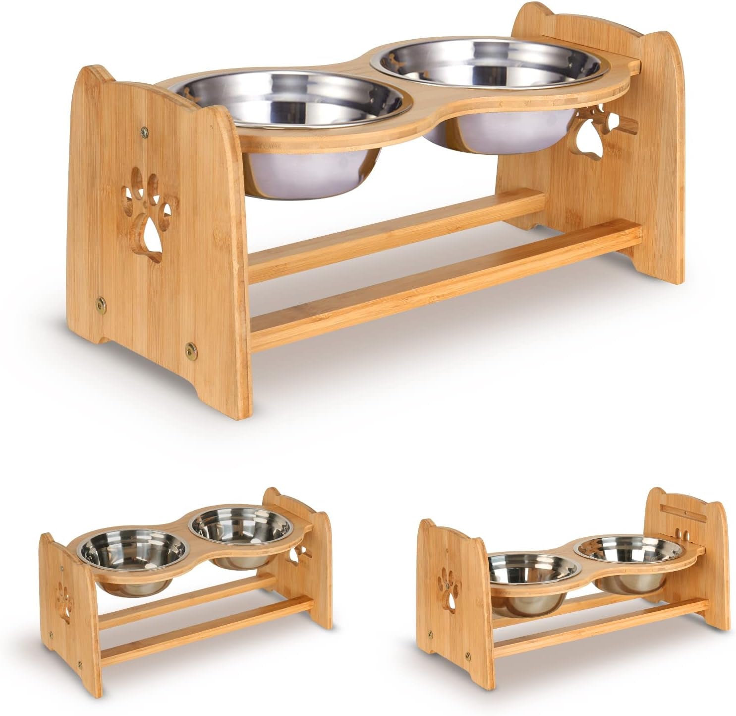 Elevated Dog Bowls for Cats and Dogs, Adjustable Bamboo Raised Dog Bowls for Medium Dog, Food and Water Set Stand Feeder with 2 Stainless Steel Bowls and anti Slip Feet (Height 4.7" to 7")