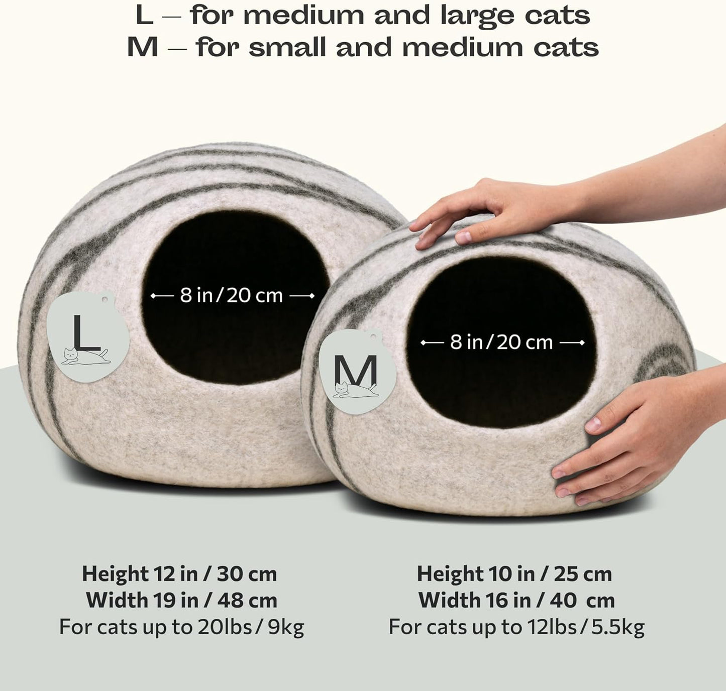 Cat Bed Cave Premium Felt - Handmade 100% Merino Wool Bed for Cats and Kittens (Light Shades) (Medium, Light Grey)