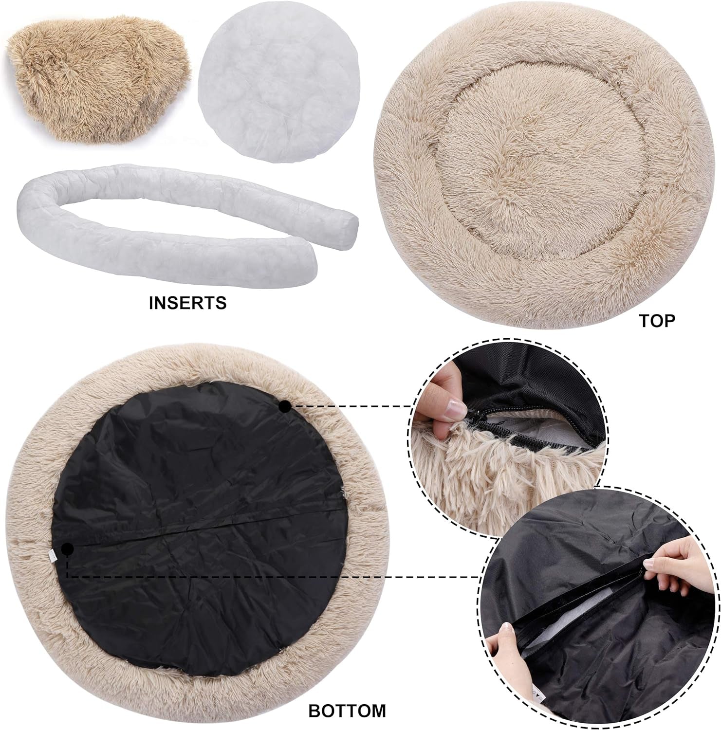 Donut Dog Bed Calming Ultra Soft Shag Faux Fur Dog Bed Comfortable Donut Cuddler for Dogs and Cats,Self Warming and Washable (30Inches, Beige)