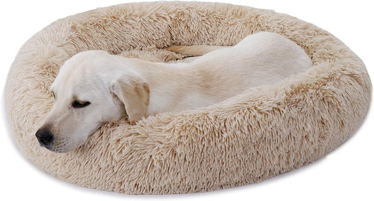 Donut Dog Bed Calming Ultra Soft Shag Faux Fur Dog Bed Comfortable Donut Cuddler for Dogs and Cats,Self Warming and Washable (30Inches, Beige)