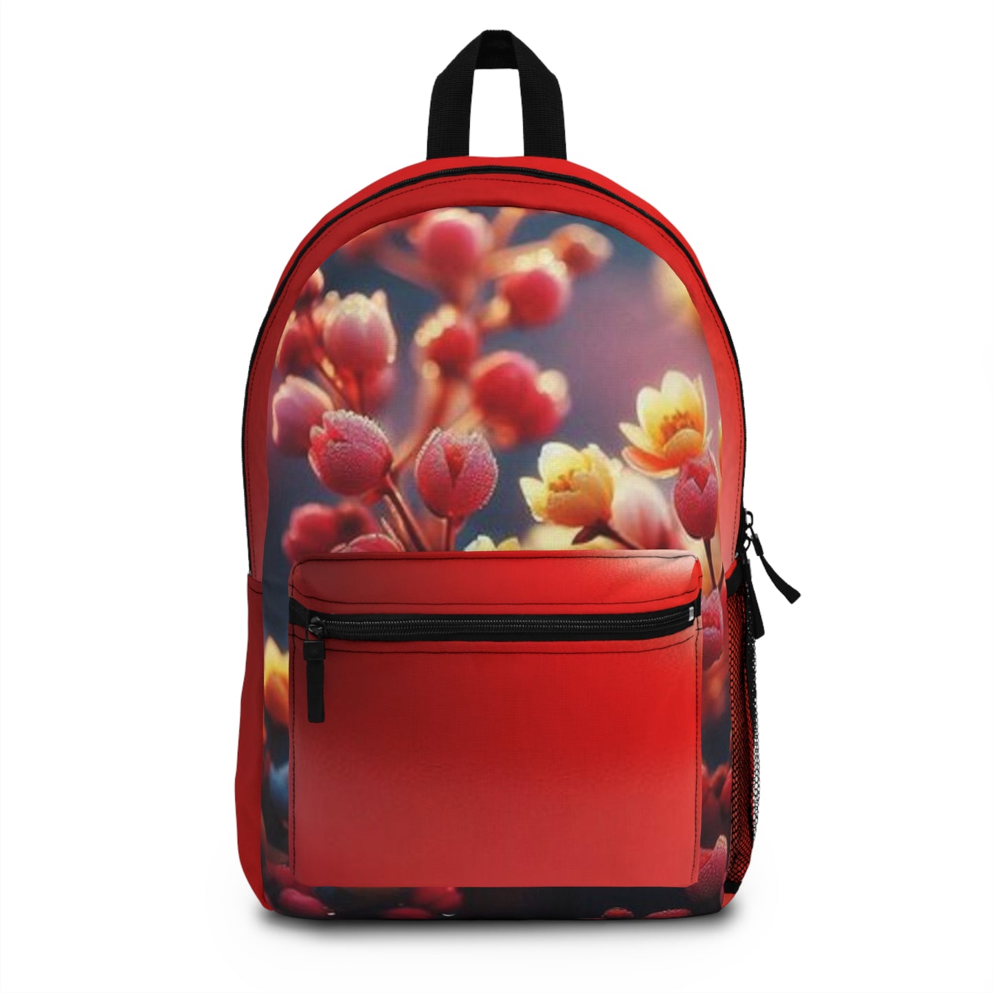 Red Floral Backpack, Colorful Red Bag, Colorful Flower Design Backpack