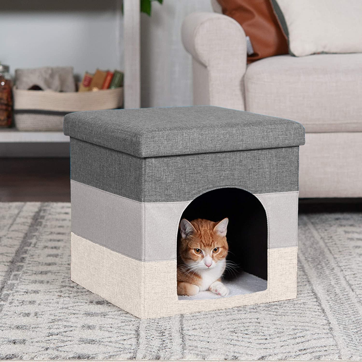 Pet House for Indoor Cats & Small Dogs, Collapsible & Foldable W/ Plush Ball Toy - Living Room Footstool Cat Condo - Hygge Stripe (Gray/Cream), Small