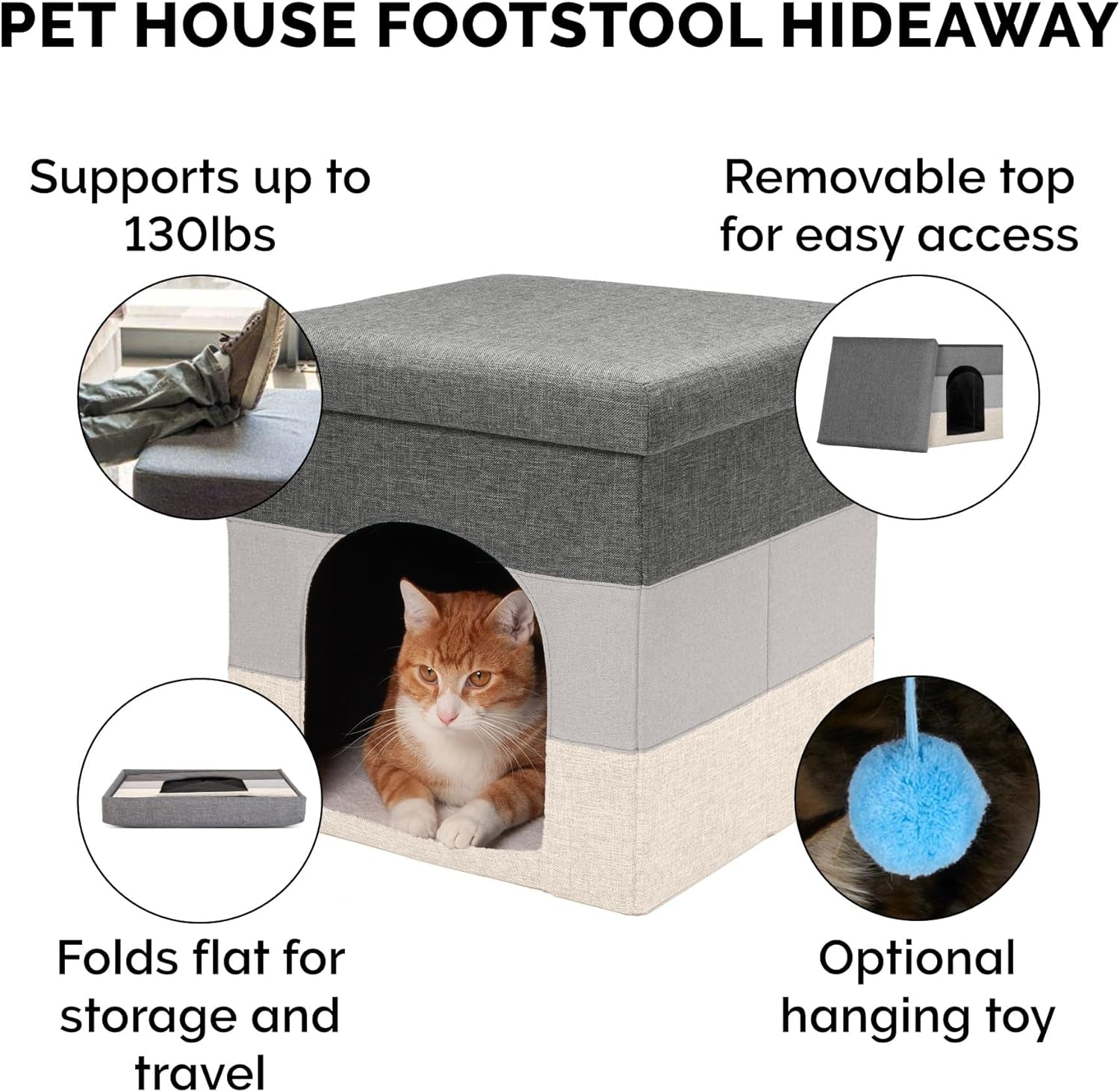 Pet House for Indoor Cats & Small Dogs, Collapsible & Foldable W/ Plush Ball Toy - Living Room Footstool Cat Condo - Hygge Stripe (Gray/Cream), Small