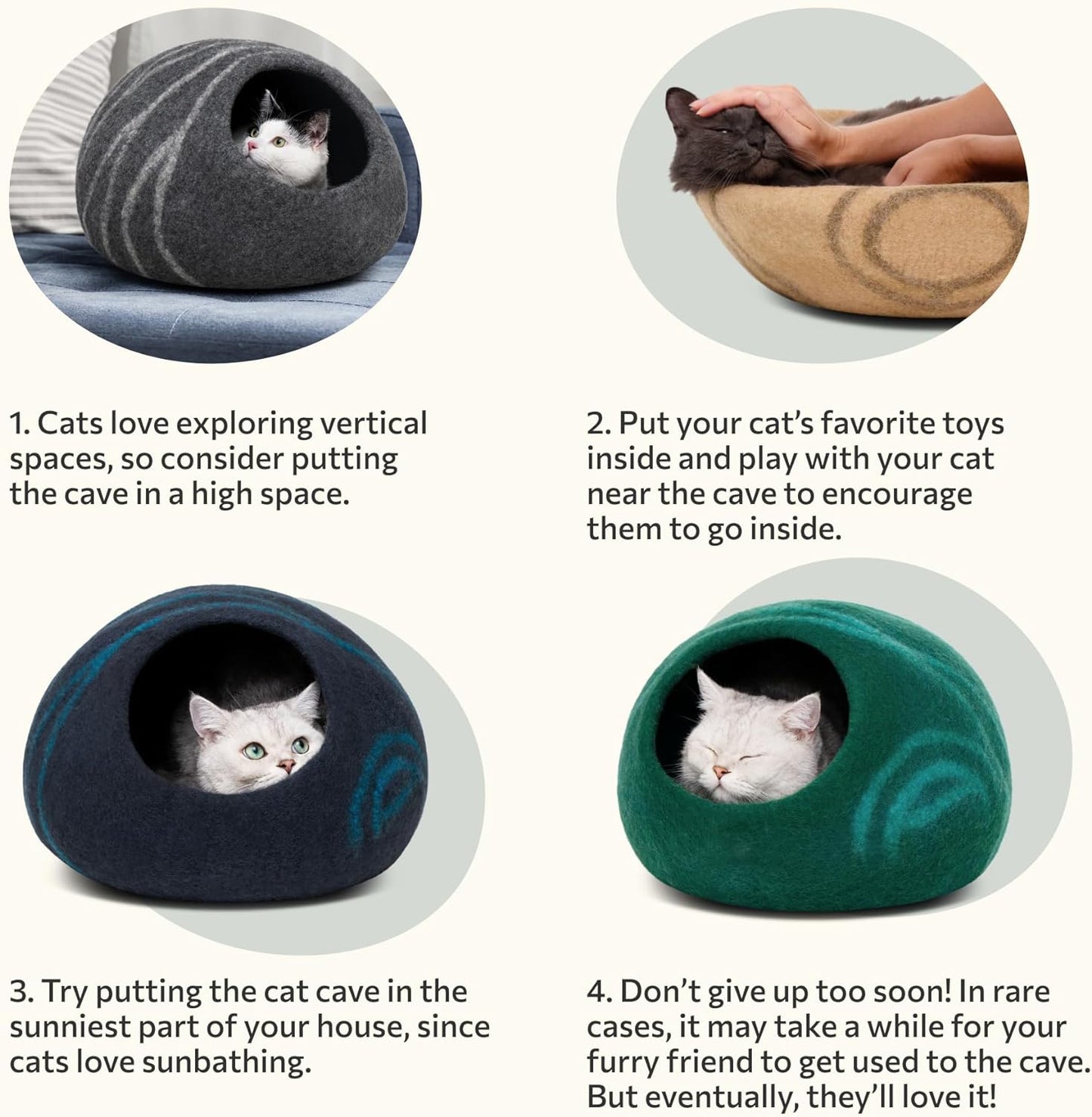 Cat Bed Cave Premium Felt - Handmade 100% Merino Wool Bed for Cats and Kittens (Light Shades) (Medium, Light Grey)