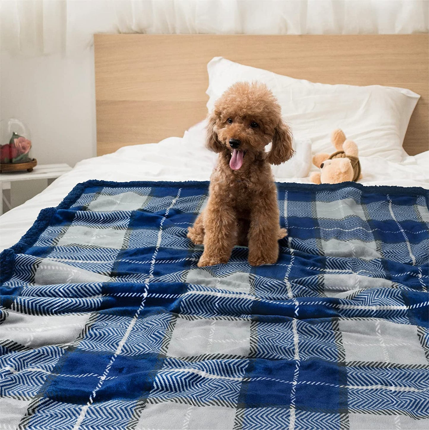 Dog Blanket for Medium Large Dogs, Pet Bed Blanket Cat Puppy Kitten, Fleece Furniture Couch Cover Protector Sofa Car, Soft Sherpa Dog Throw Plush Reversible Washable, 40X60 Plaid Navy Blue