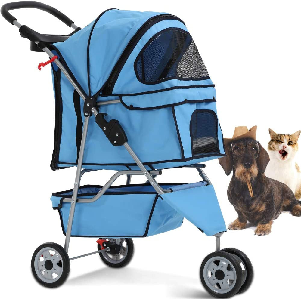 Pet Stroller Jogger Cat Dog Cage 3 Wheels Stroller Travel Folding Carrier Strolling Cart with Cup Holders and Removable Liner 35Lbs Capacity Large Doggie Stroller for Small-Medium Dogs, Cat Blue